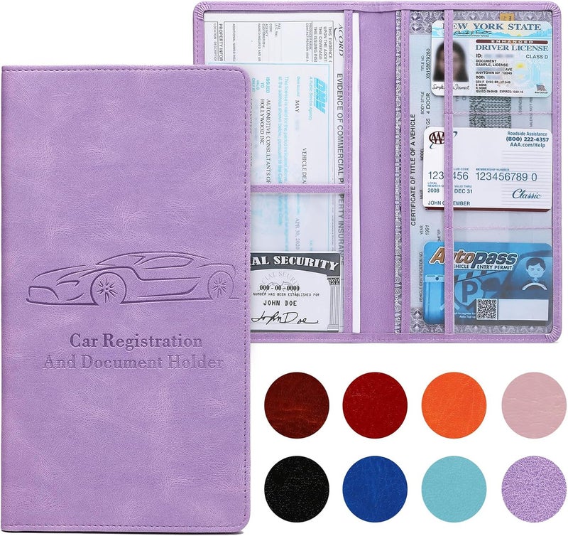 Peisicne Car Registration and Insurance Card Holder for Women Men, Purple Glove Box Paperwork Organizer with Magnetic Buckle for Easy Access and Protect Documents and Various Cards in Vehicle - Image 1